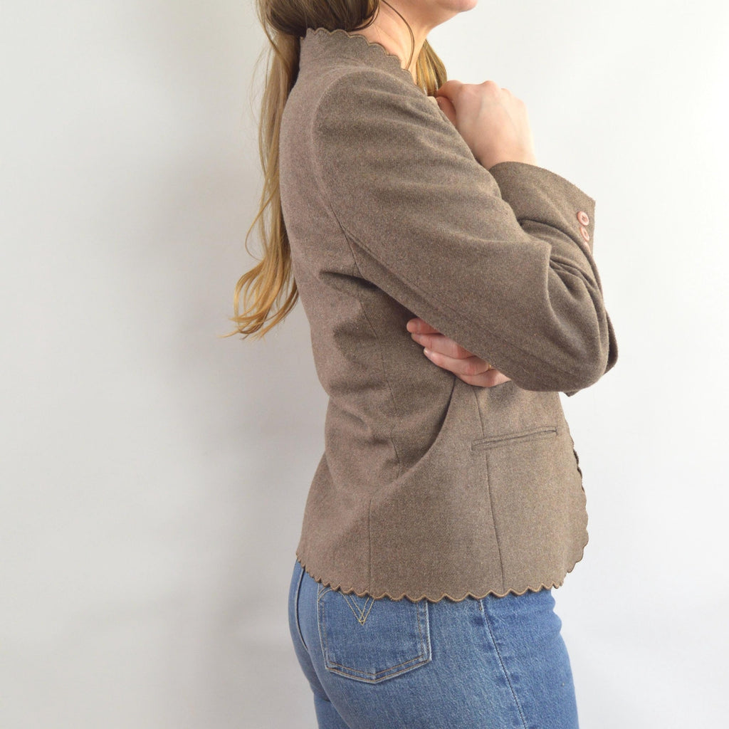 vintage taupe brown wool blend scallop edge blazer