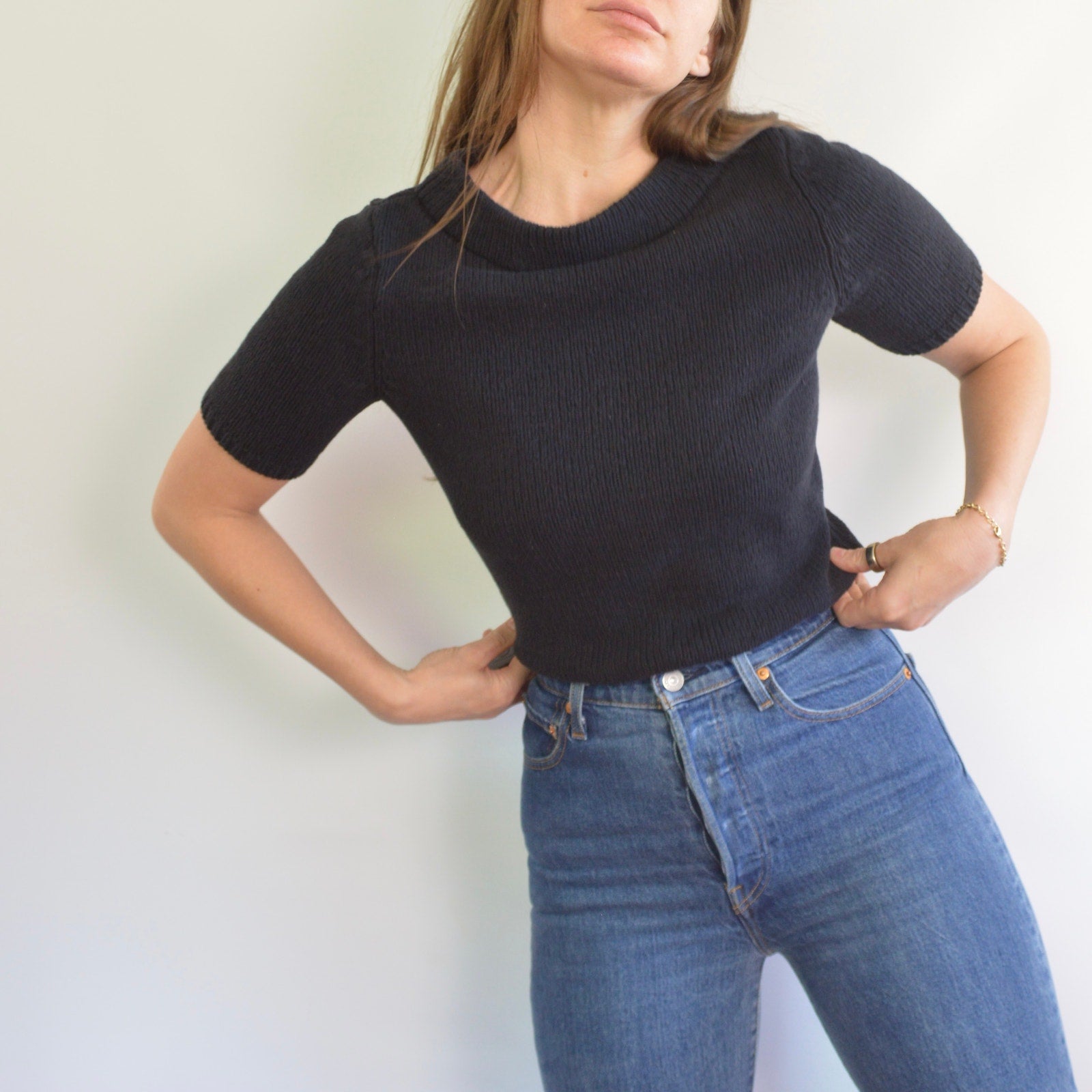 thick nubby knit black mock neck sweater tee