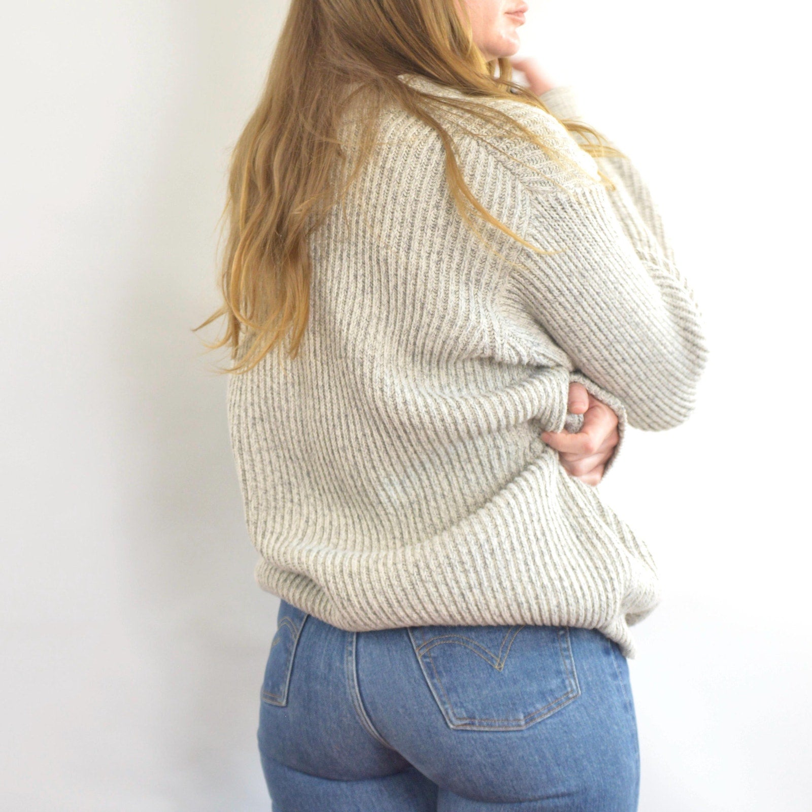 blue and white marled knit cotton quarter button vintage ll bean sweater