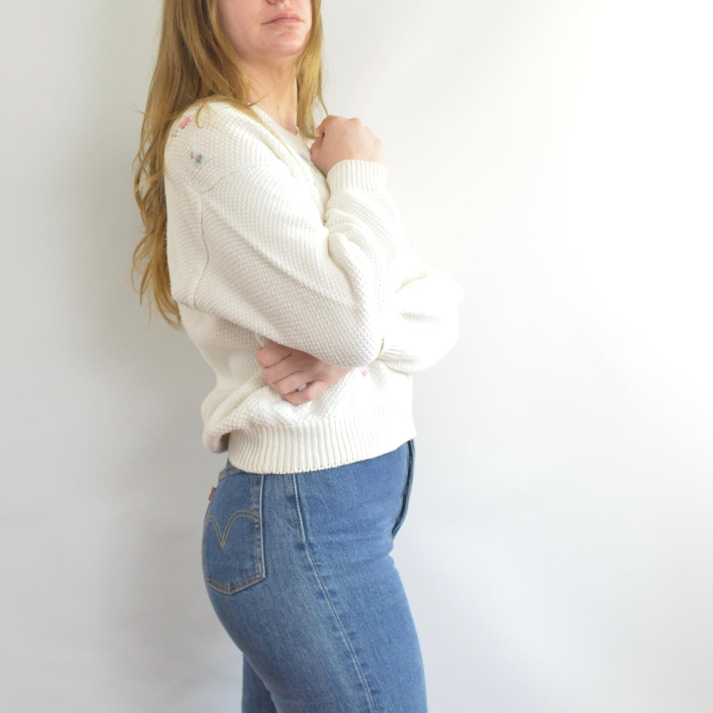 white cropped floral embroidered cotton blend sweater