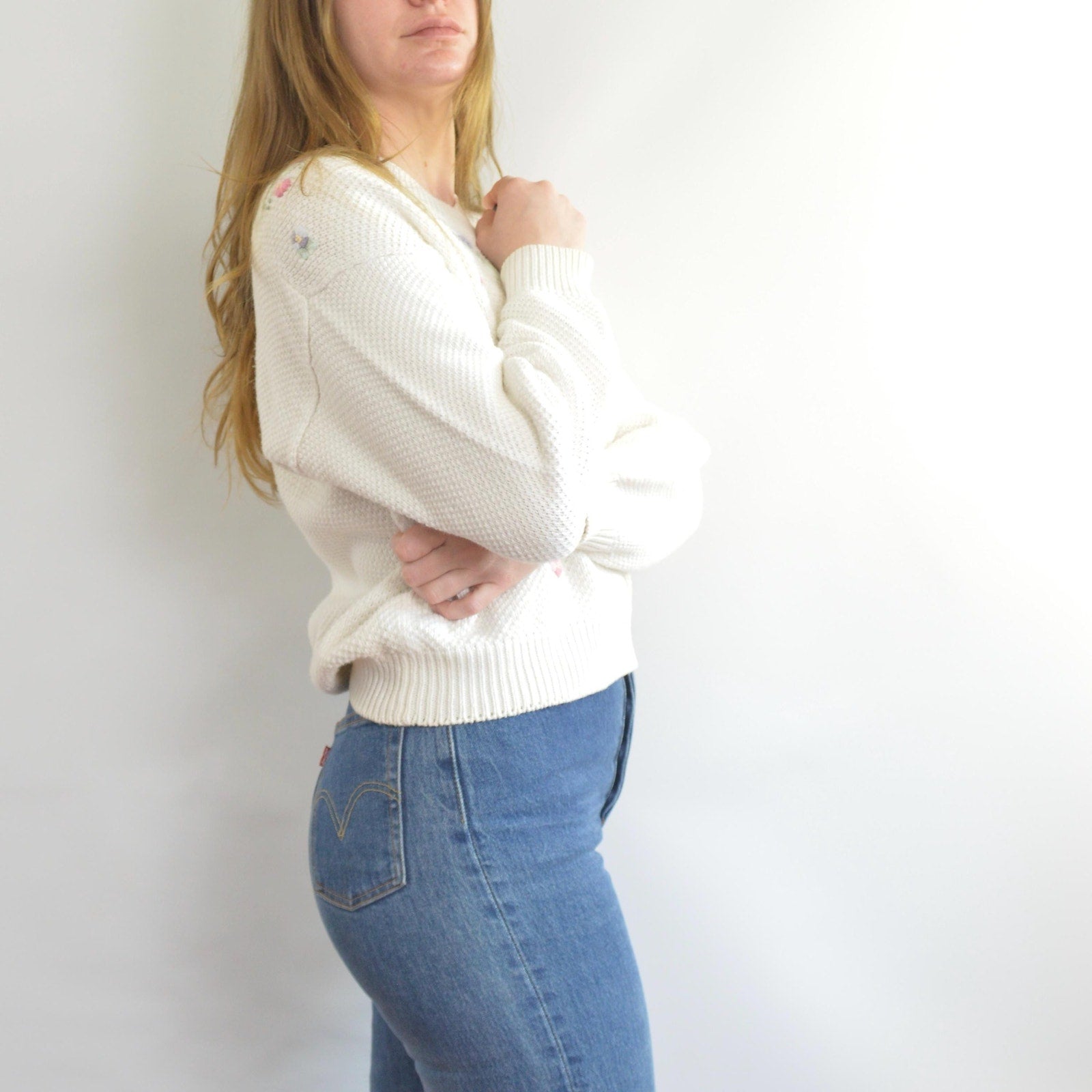 white cropped floral embroidered cotton blend sweater