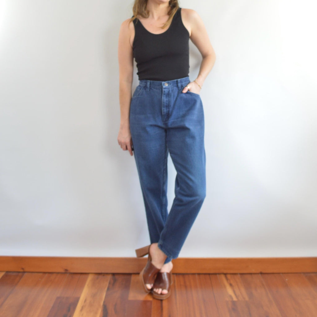 over dyed dark wash vintage high waisted straight leg gitanos