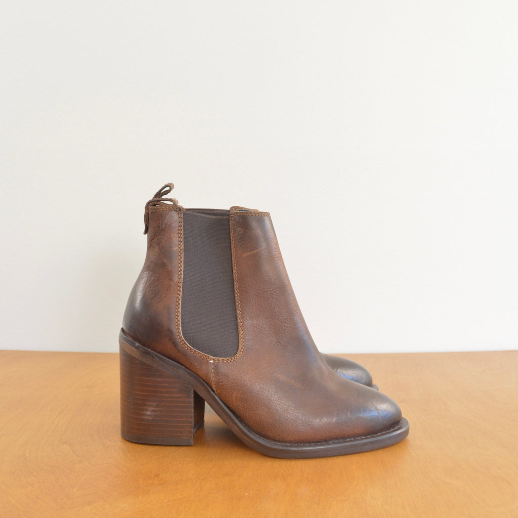 simple dark brown leather pointed toe chelsea booties