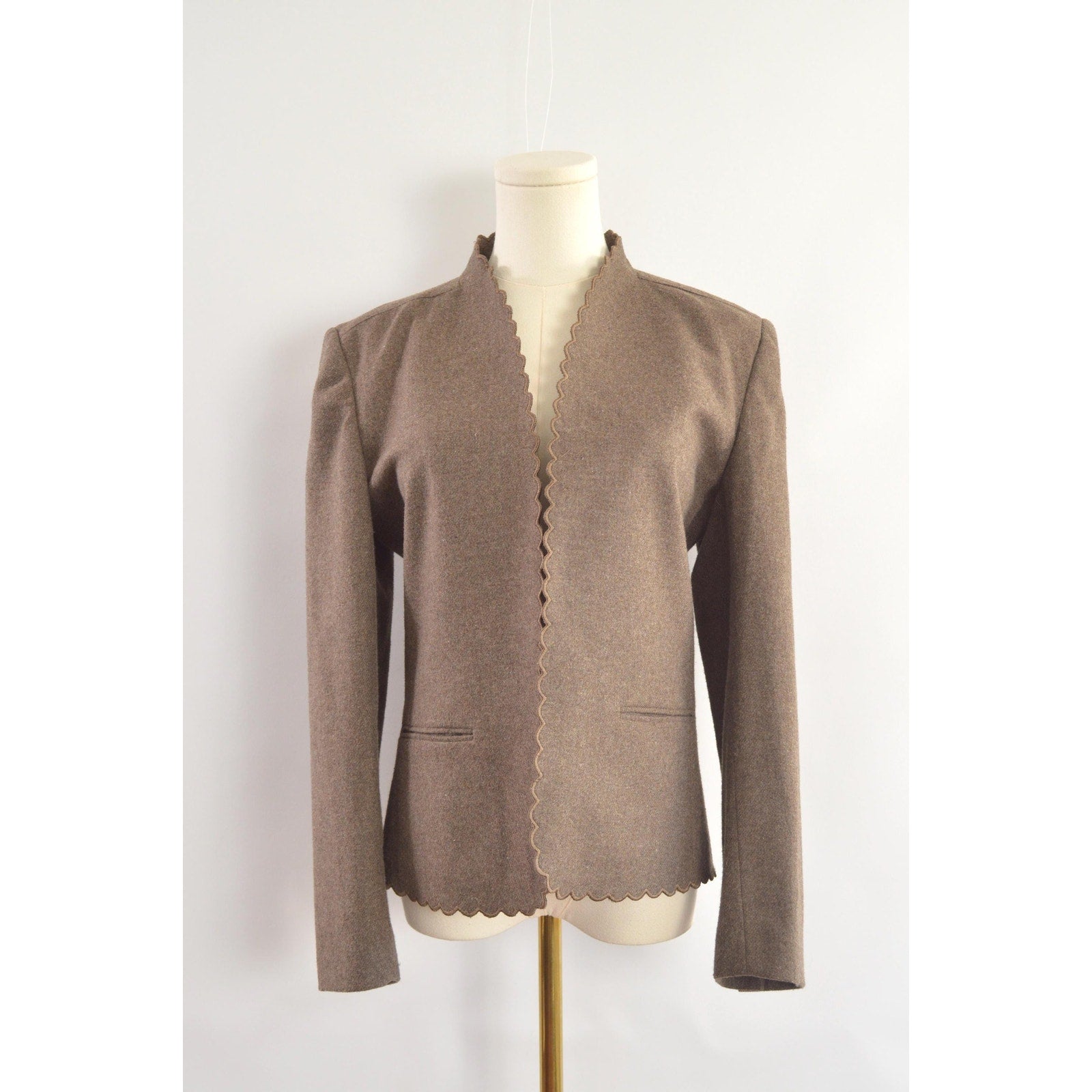 vintage taupe brown wool blend scallop edge blazer
