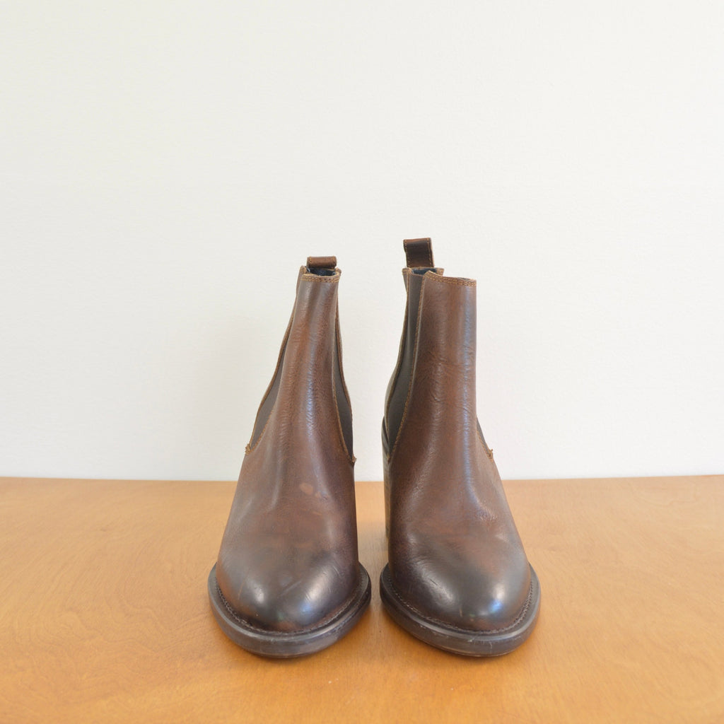 simple dark brown leather pointed toe chelsea booties