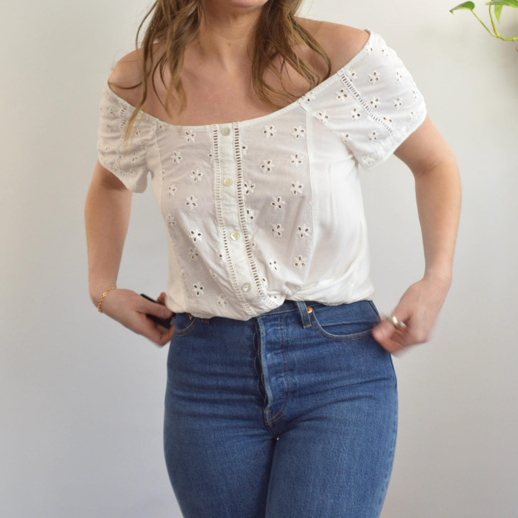white vintage eyelet off the shoulder button down crop blouse