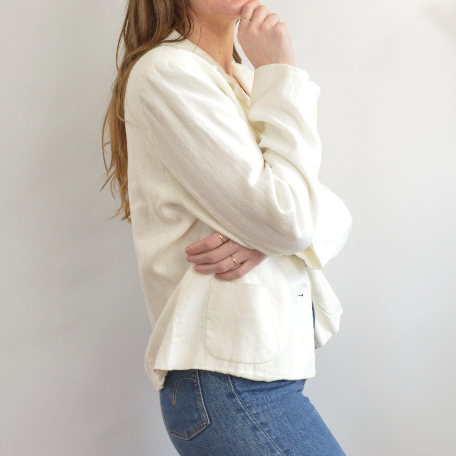 fully lined ivory cropped linen vintage chaps blazer