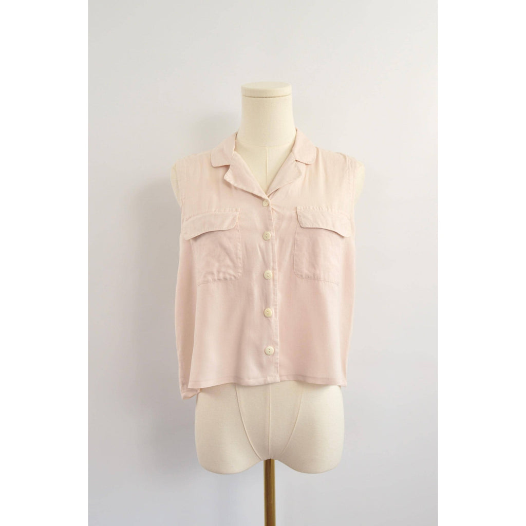 subtle light pink cropped button down 100% silk top