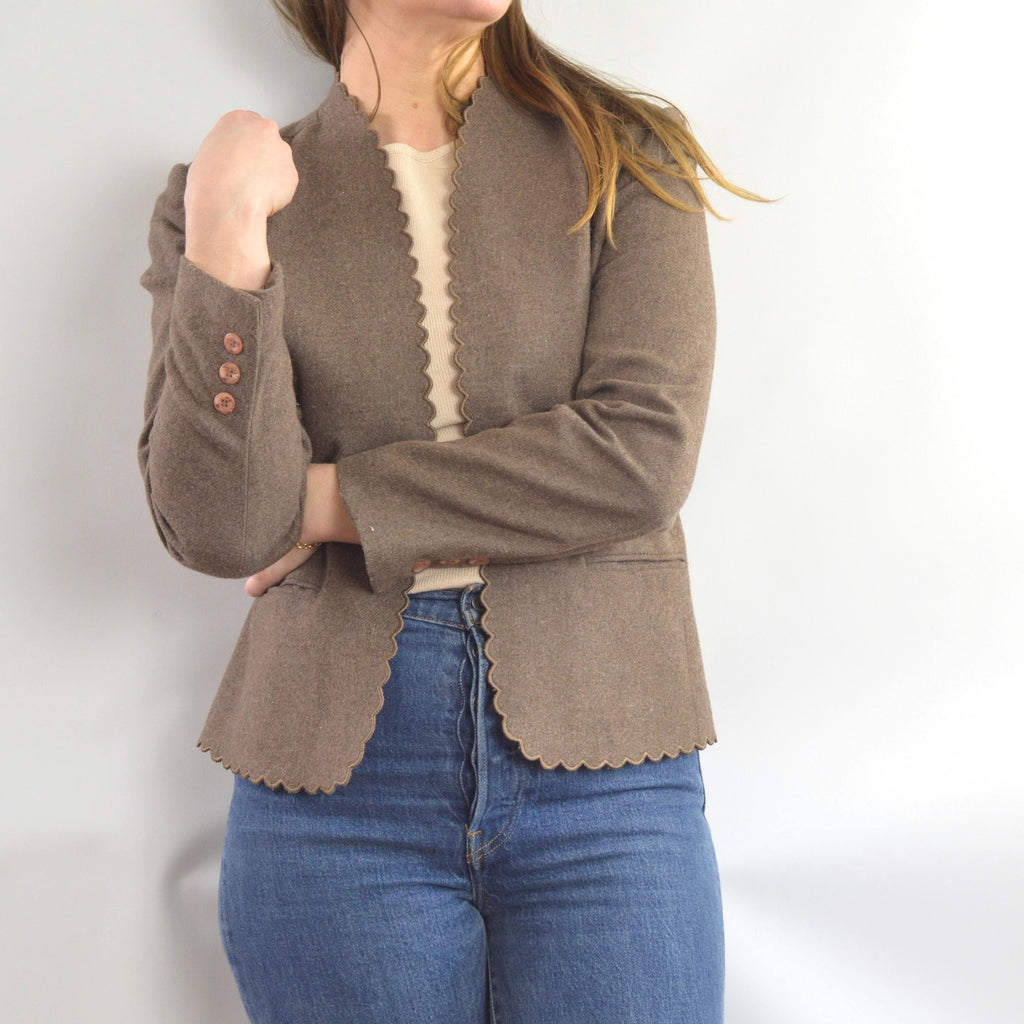 vintage taupe brown wool blend scallop edge blazer