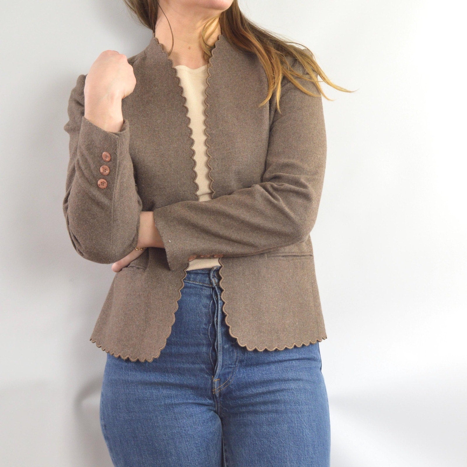 vintage taupe brown wool blend scallop edge blazer