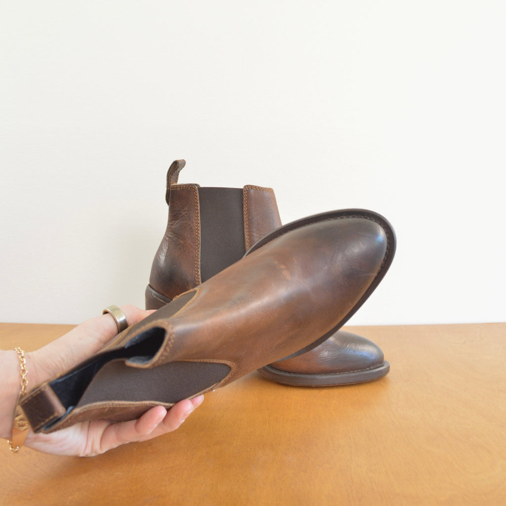 simple dark brown leather pointed toe chelsea booties