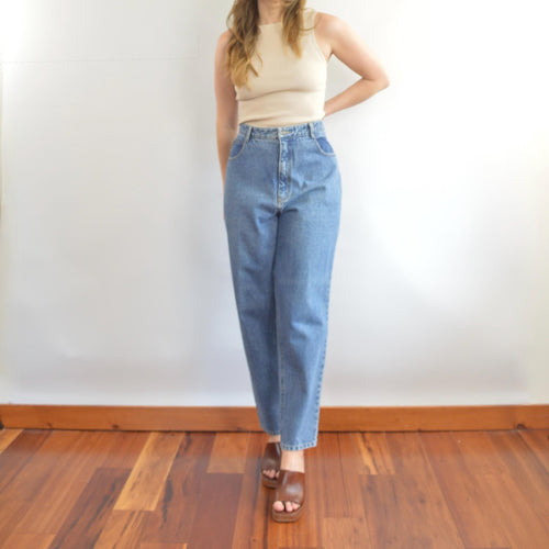 35 x 30 mid wash high rise tapered jeans