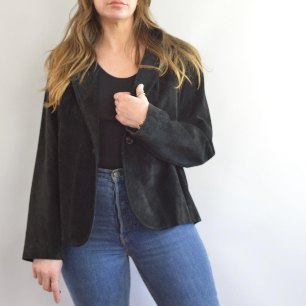 pure suede leather black slightly cropped single button jacket
