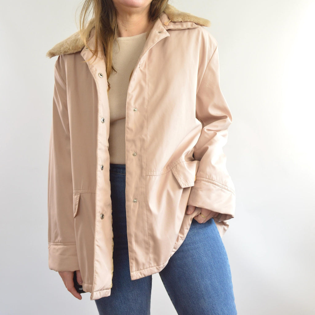 blush and tan cotton blend quilted insulated parka with removable faux fur collar