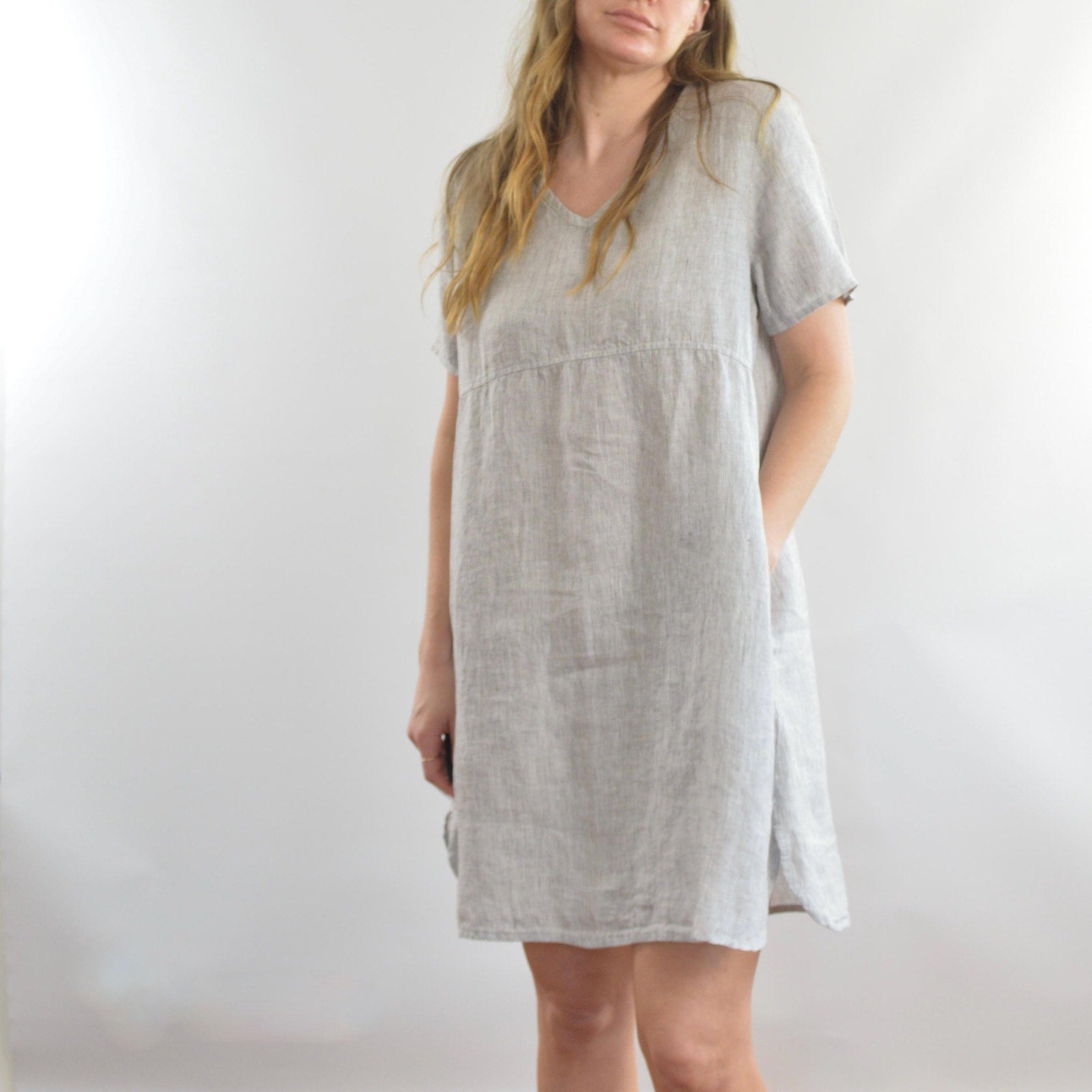 100% linen blue and white striped flax mini tee dress with pockets