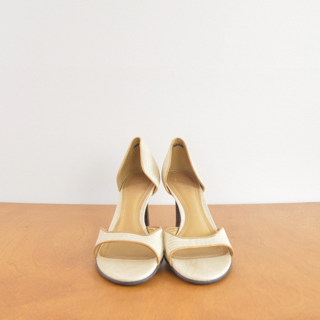 gold trimmed off white crock open toe vintage ralph lauren pumps