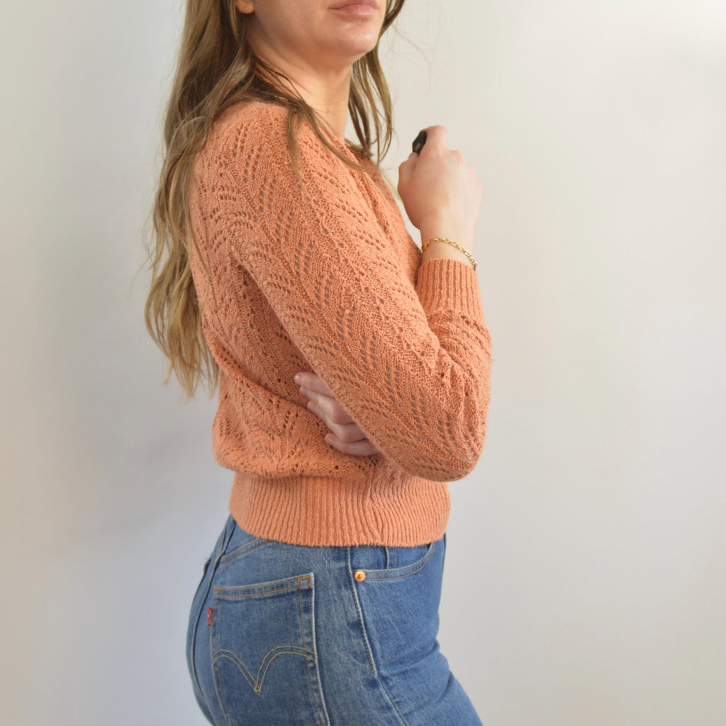 pure gould open knit dusty rose v-neck cropped sweater