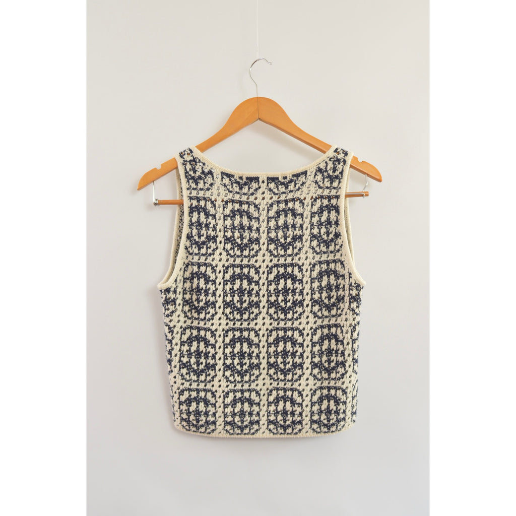 navy and cream abstract open knit cotton blend tank top sweater