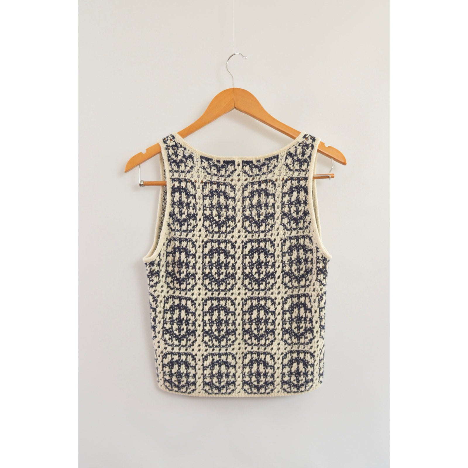 navy and cream abstract open knit cotton blend tank top sweater
