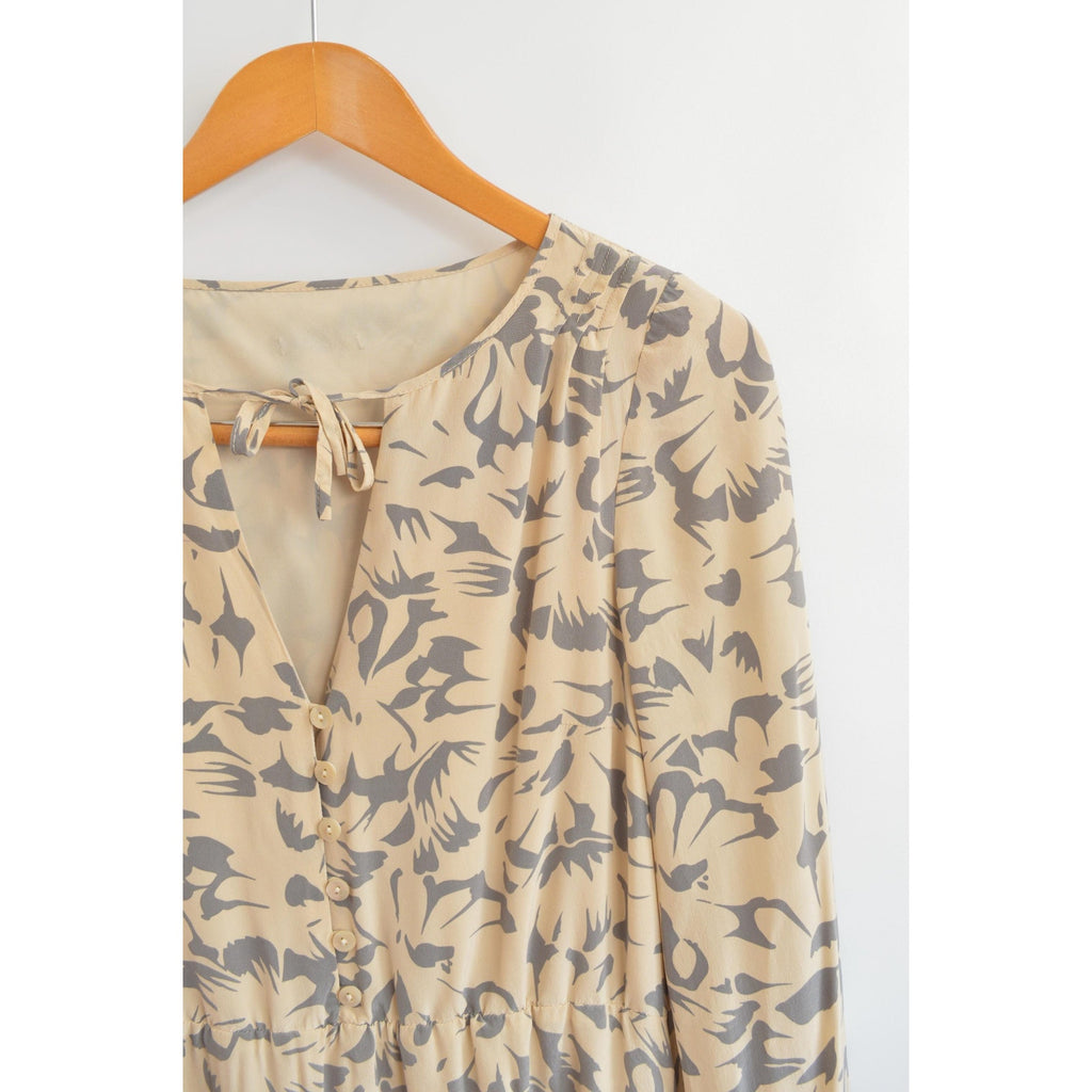 pure silk tie-neck knee length taupe and gray dress