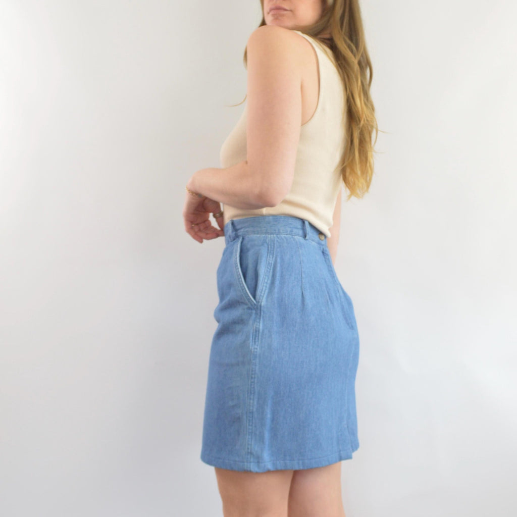 lightweight mid wash denim mini skirt