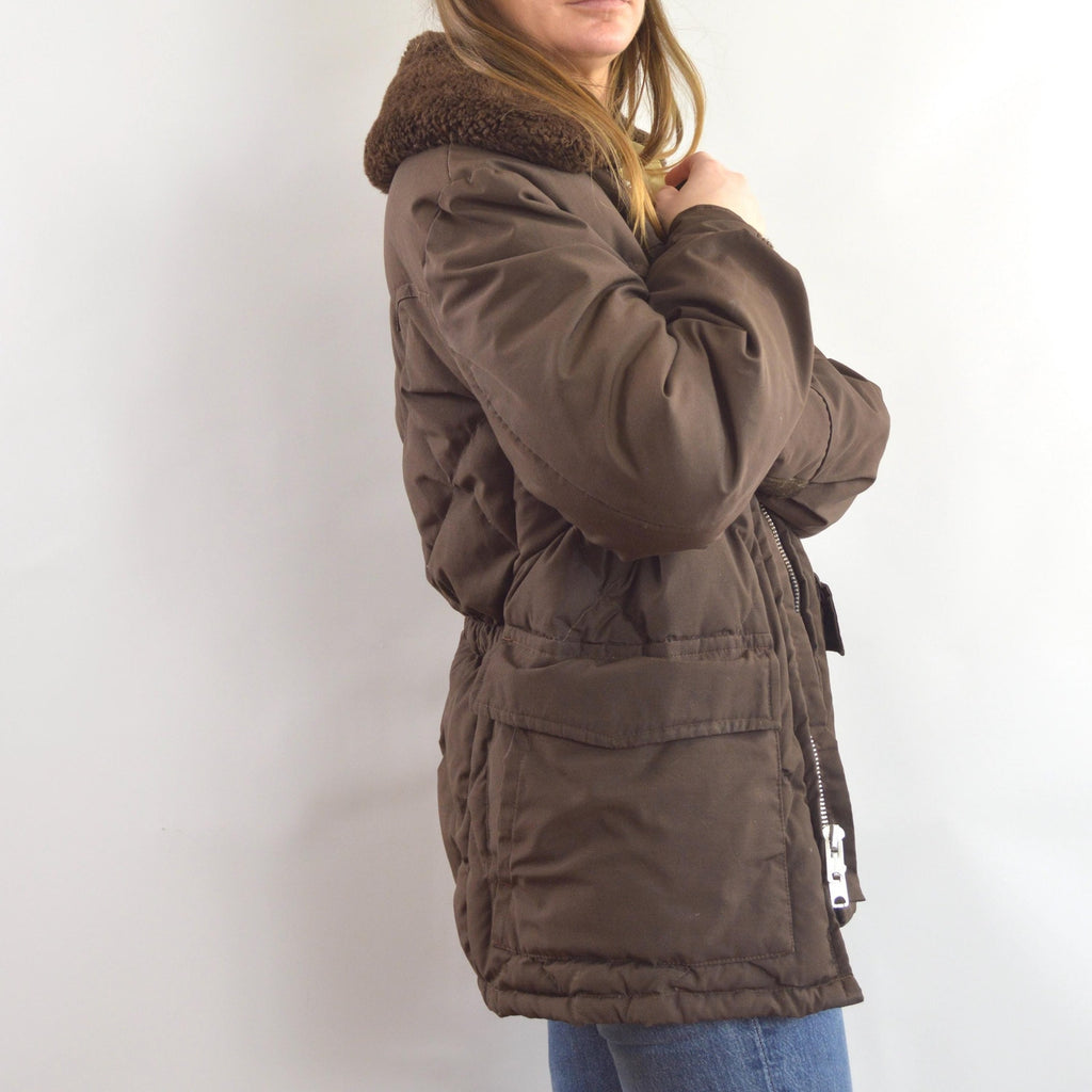 super cool park ranger meets cowboy brown puffer coat with fluffy collar