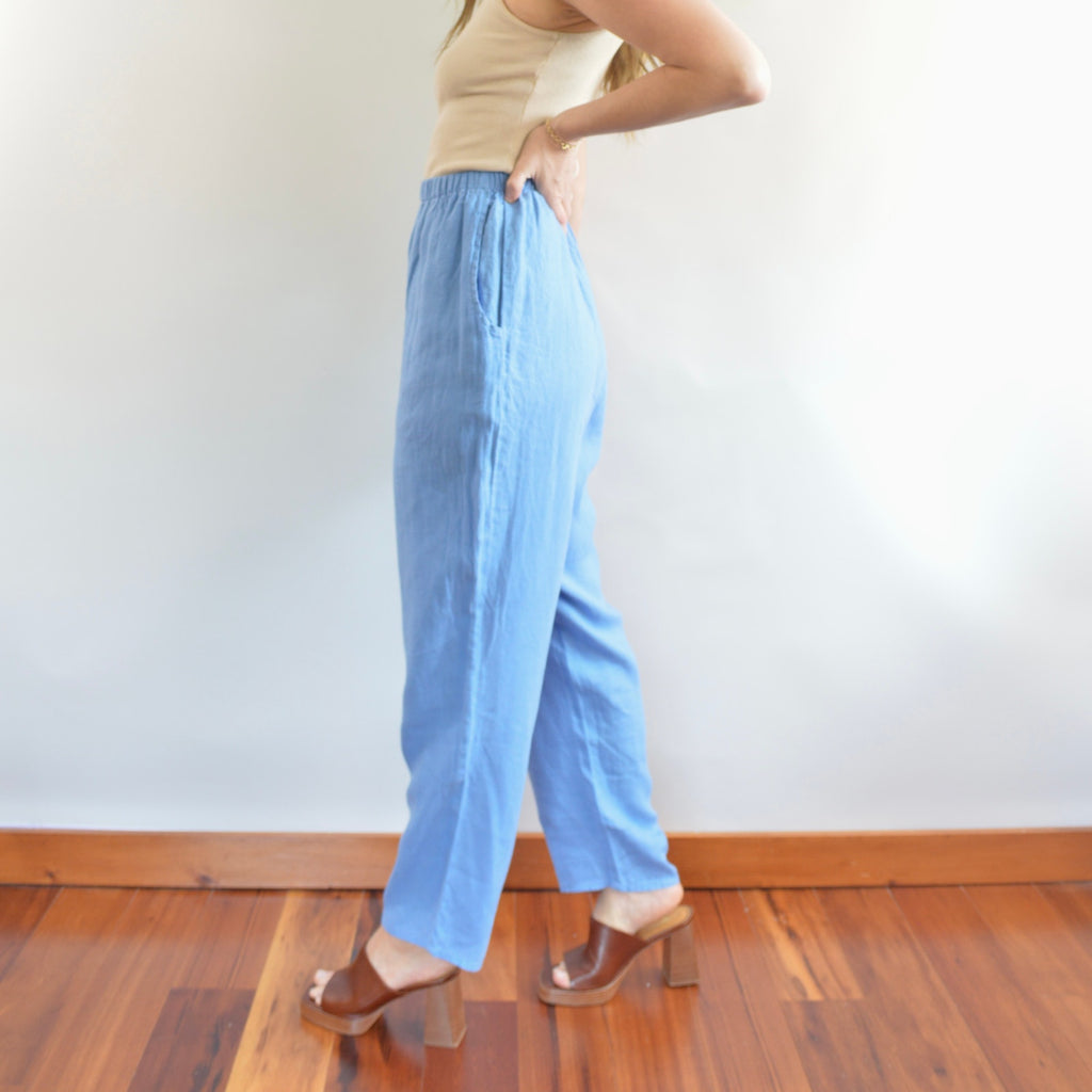 pure linen robin’s egg blue elastic tapered FLAX easy summer pants