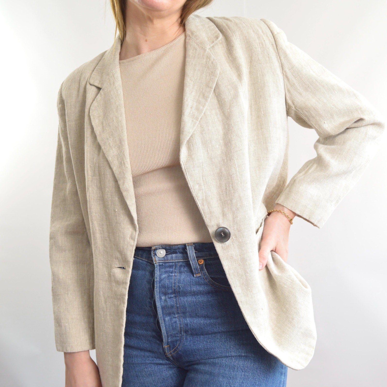 vintage oatmeal beige 100% linen blazer
