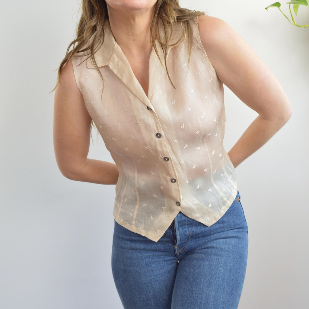 light pink pure silk botanical embroidered button down tank