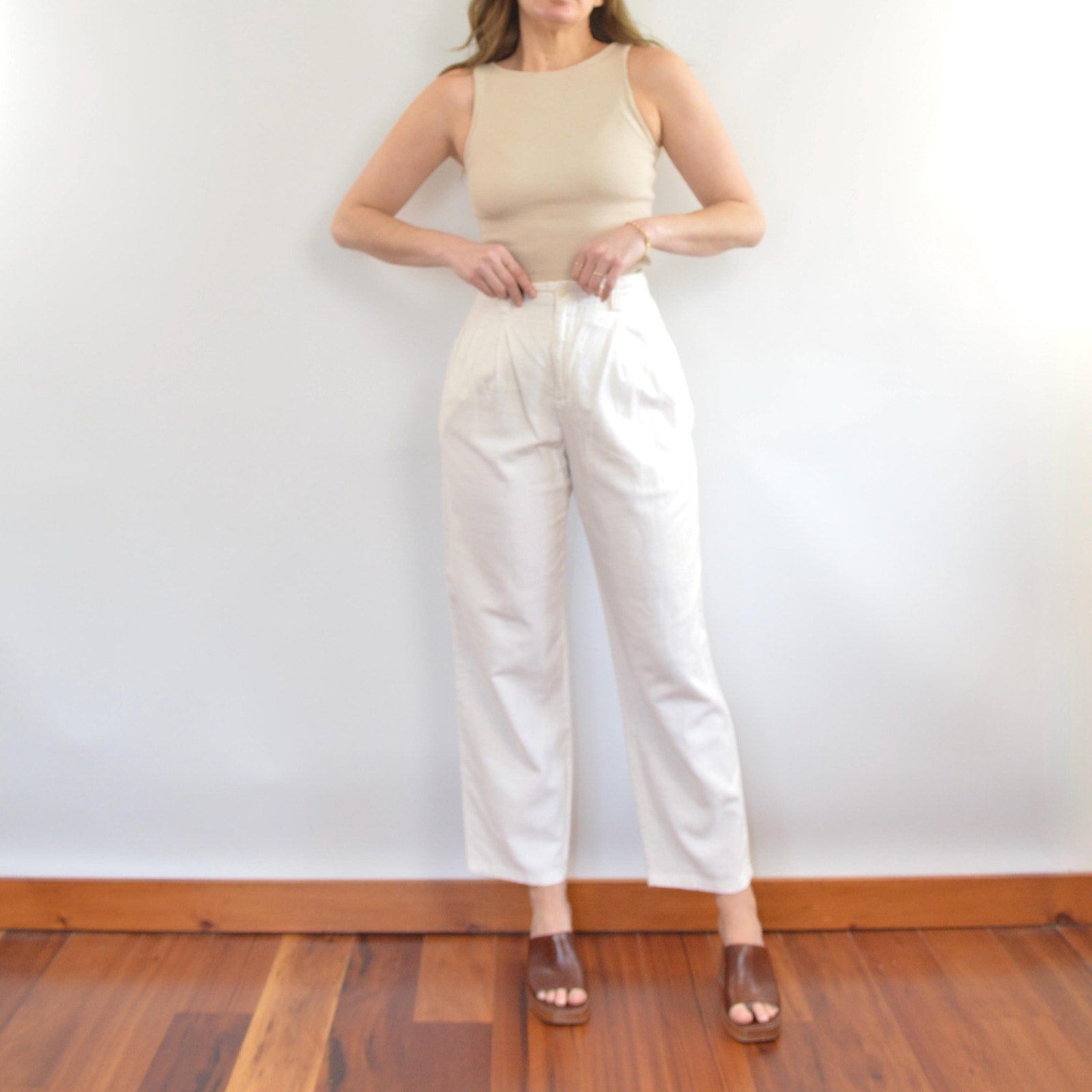vintage white liz sport linen and cotton straight leg pants