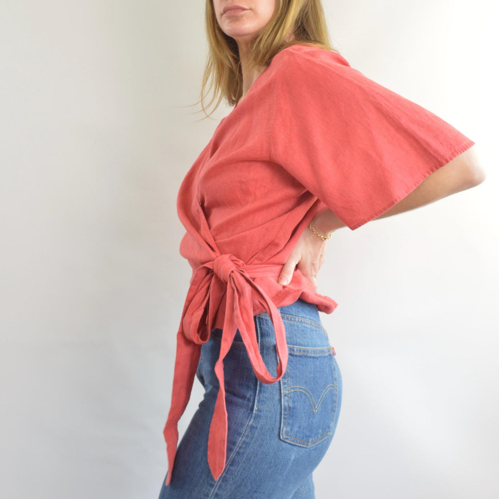red 100% linen wrap top