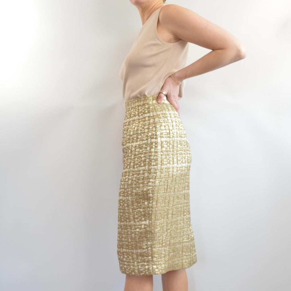 abstract geometrical gold and ivory knee length skirt