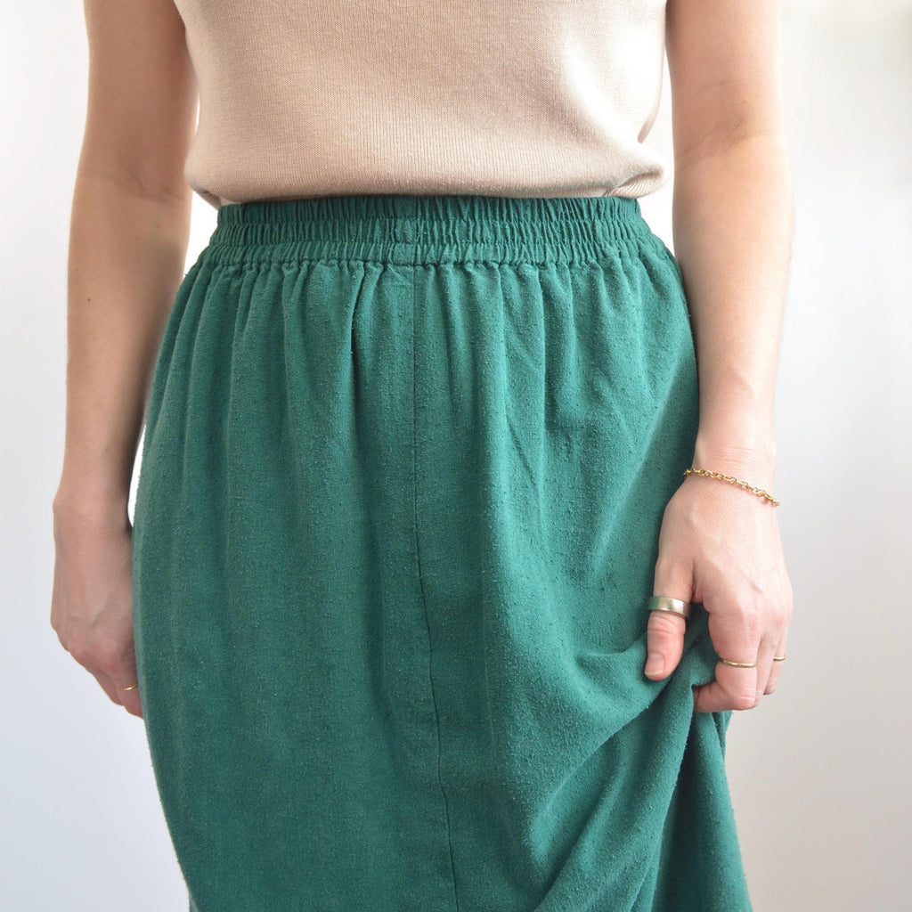 pure silk green elastic waist midi skirt with pockets