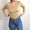 petite camel tan vintage 100% cashmere v neck sweater
