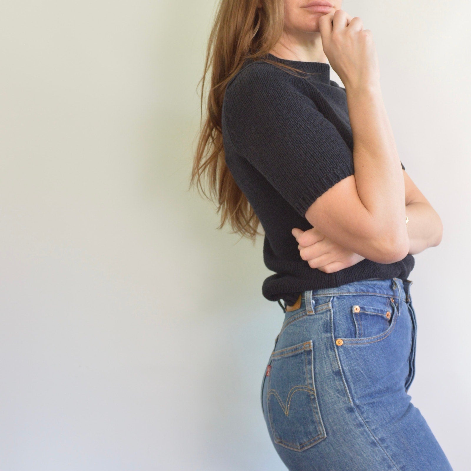 thick nubby knit black mock neck sweater tee