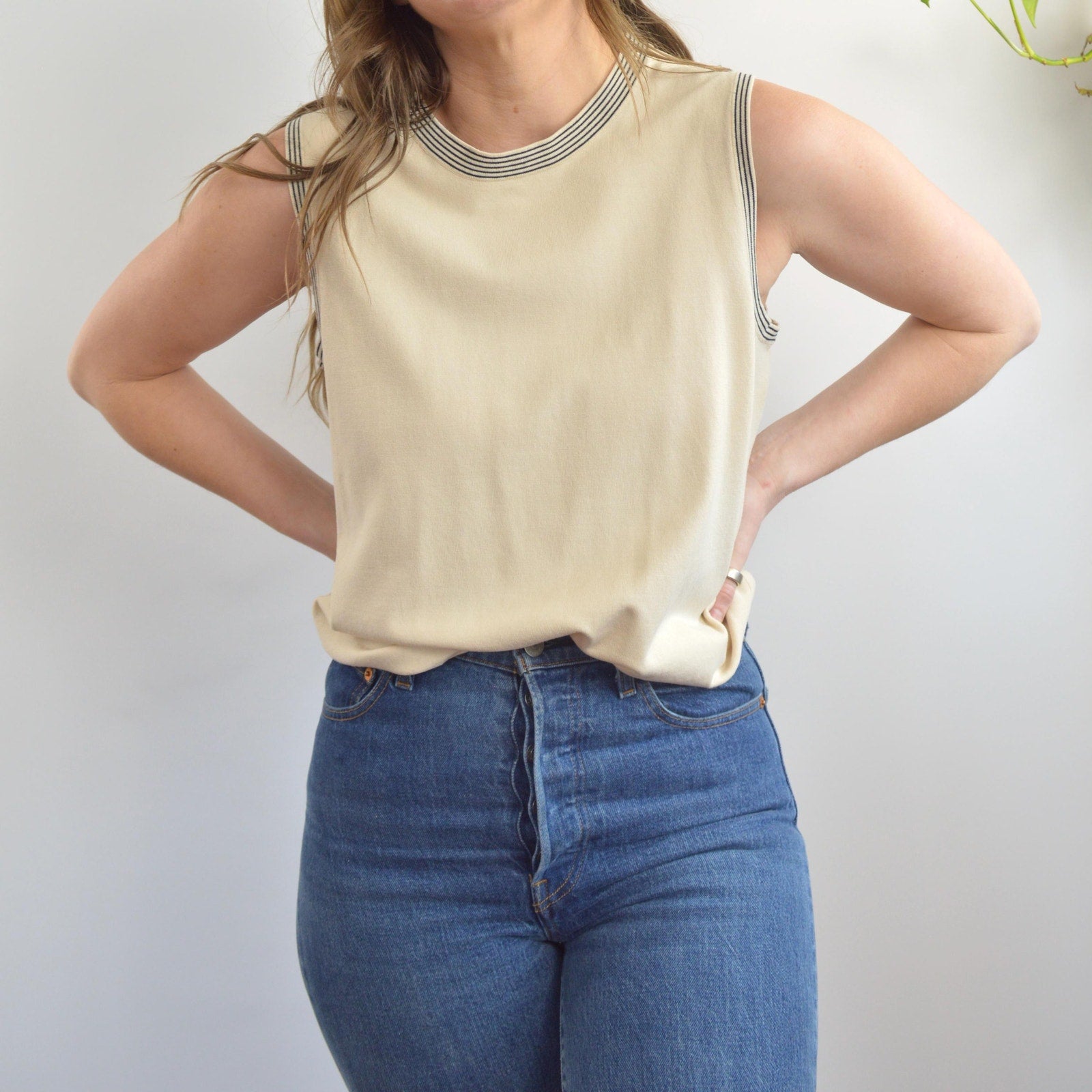 sweater knit silk blend tank with black striped banding around neck and sleeves