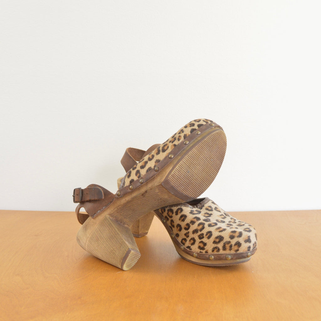 cheetah print calf hair sanita clogs