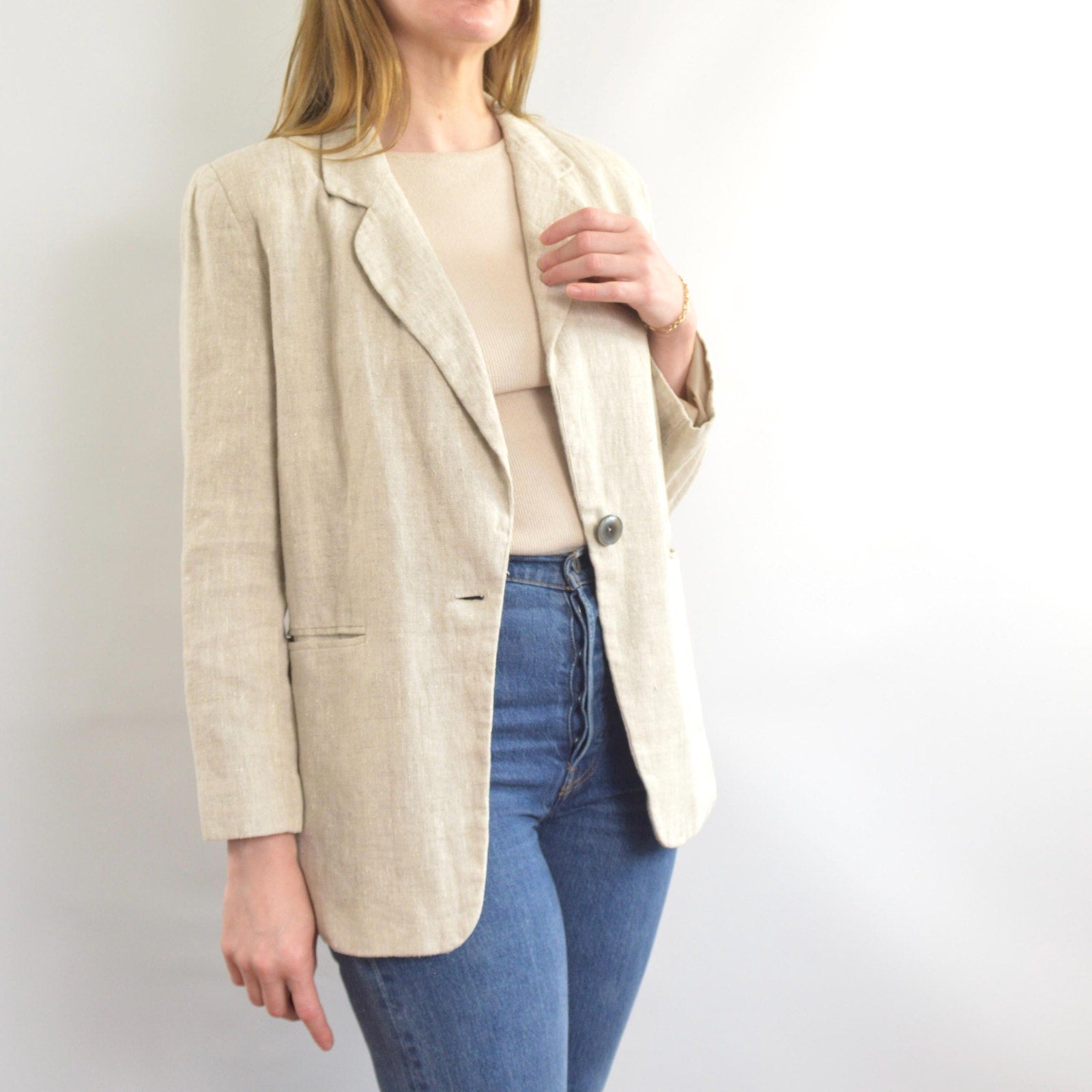 vintage oatmeal beige 100% linen blazer