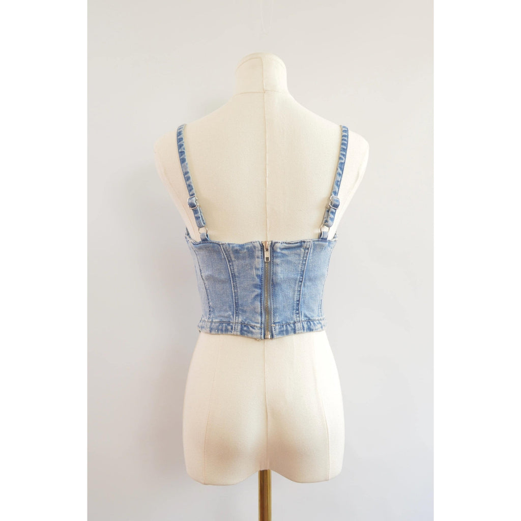 medium wash denim bustier tank with adjustable straps