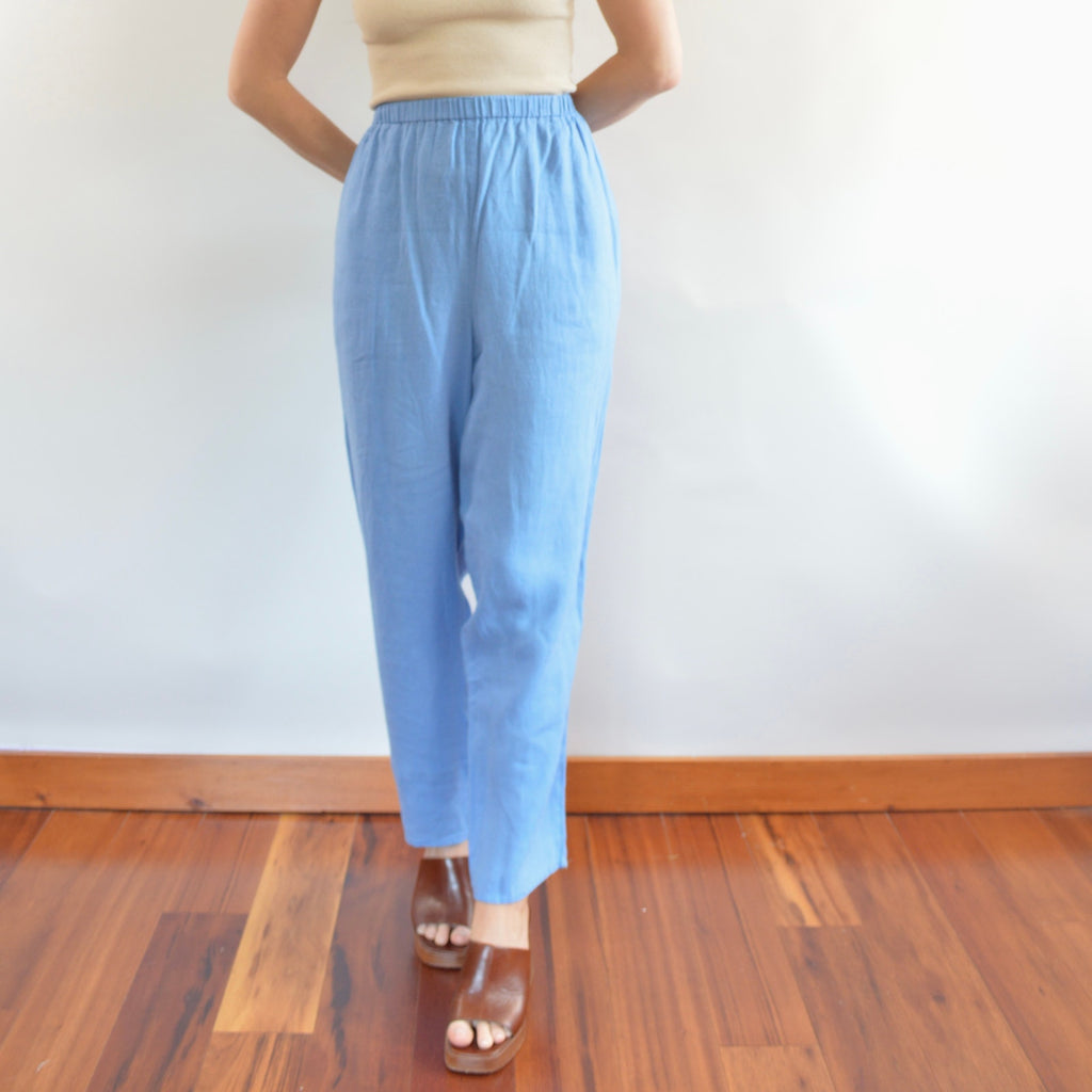 pure linen robin’s egg blue elastic tapered FLAX easy summer pants