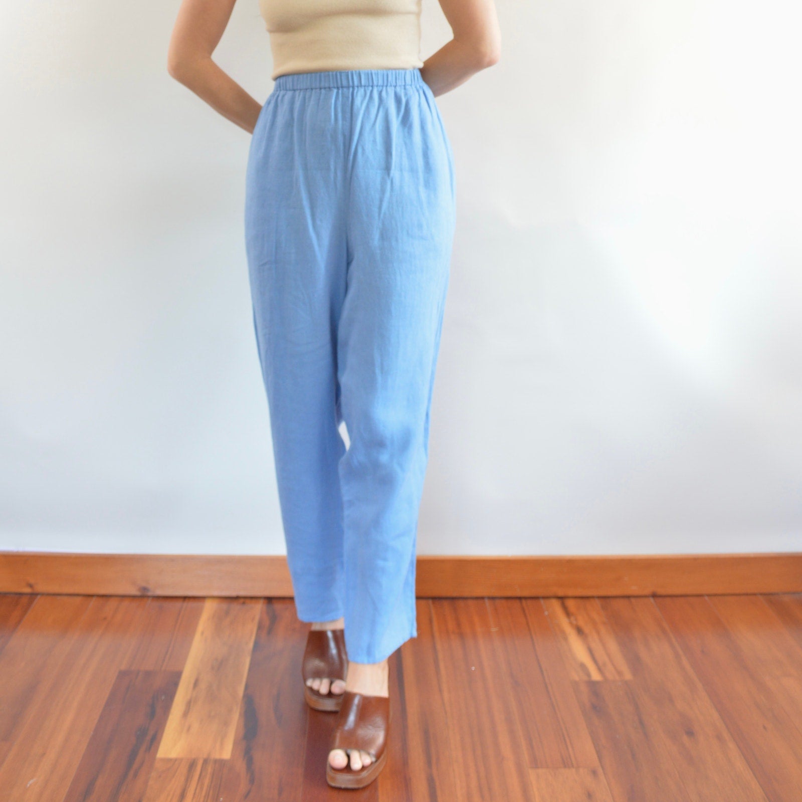 pure linen robin’s egg blue elastic tapered FLAX easy summer pants