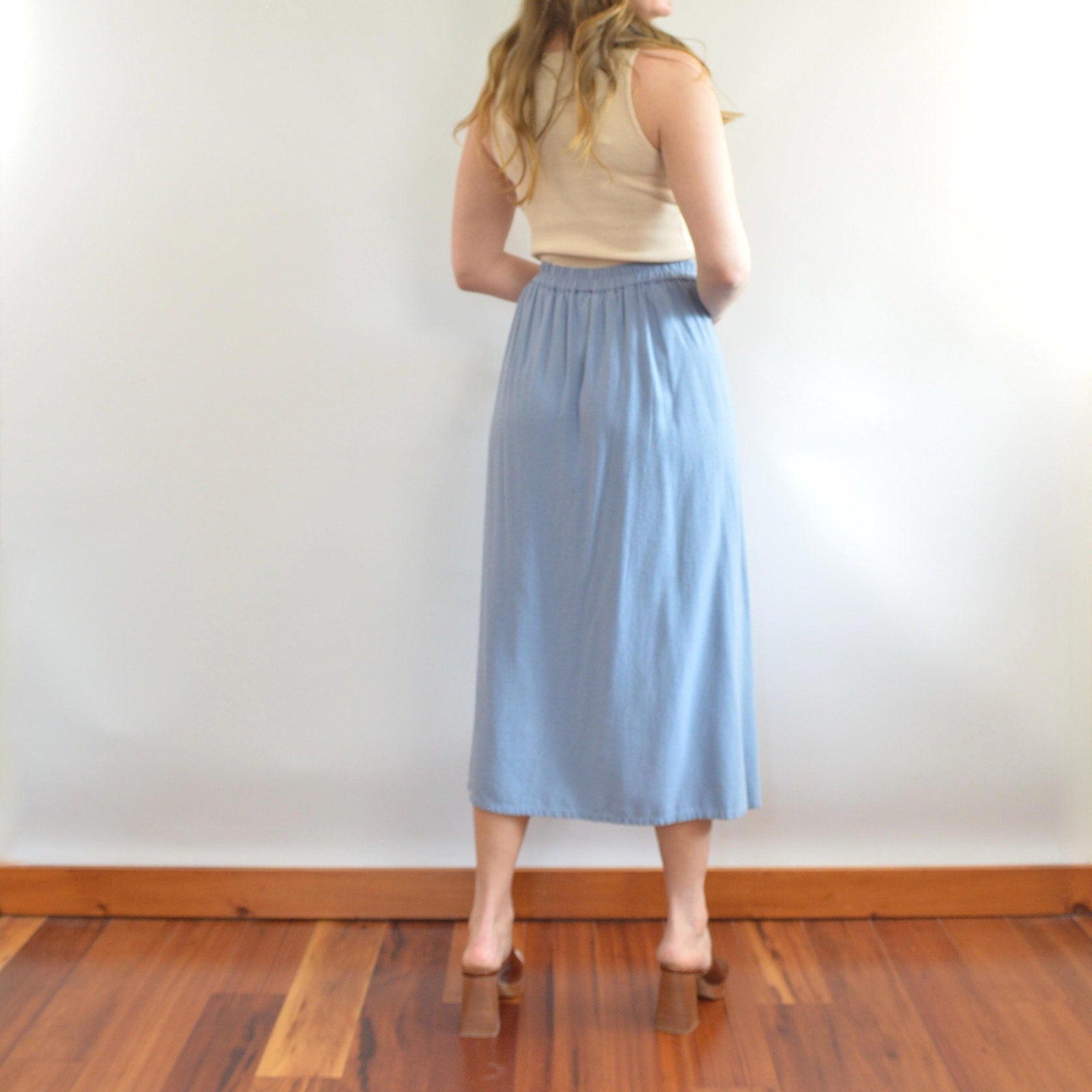 100% silk robins egg blue button down elastic waist midi skirt