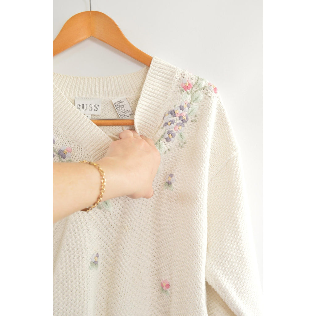 white cropped floral embroidered cotton blend sweater