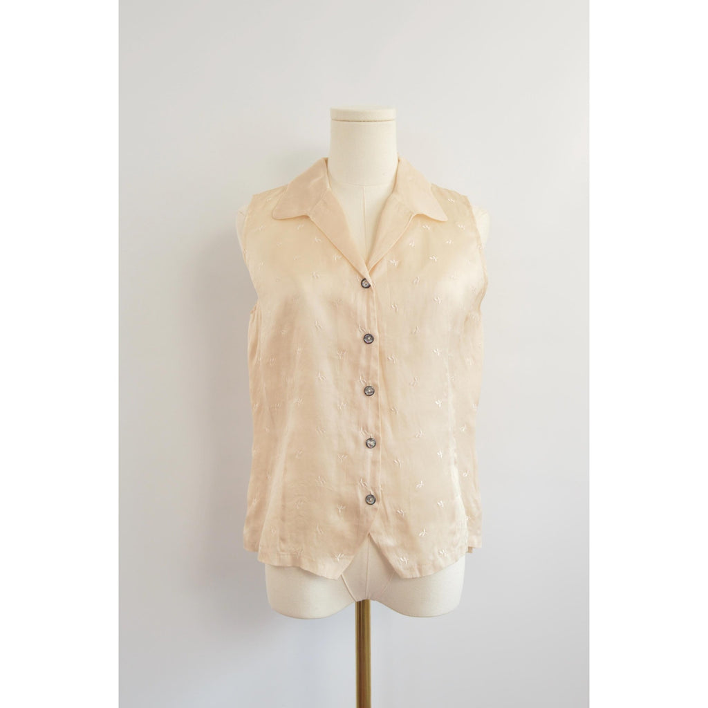 light pink pure silk botanical embroidered button down tank