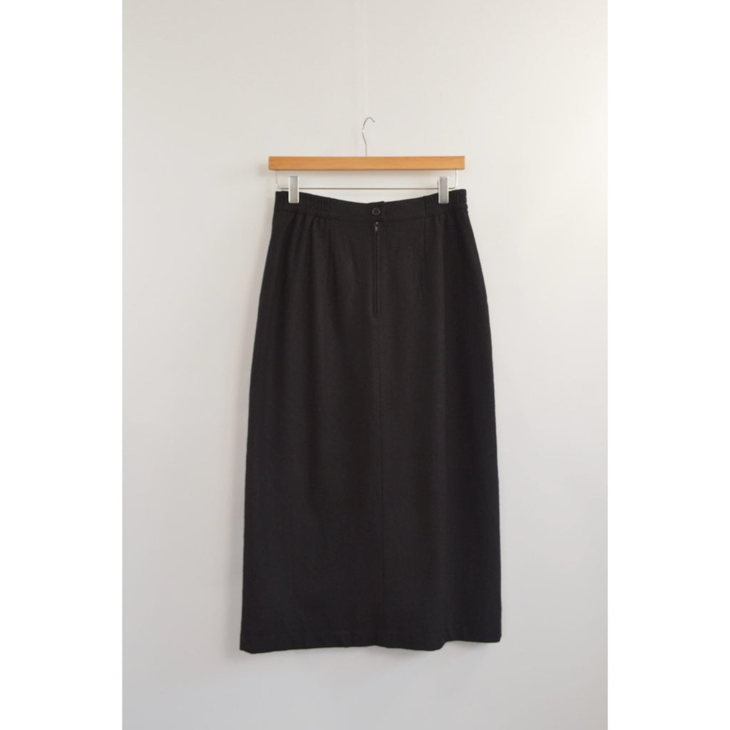medium black wool midi skirt with off center front slit and full lining