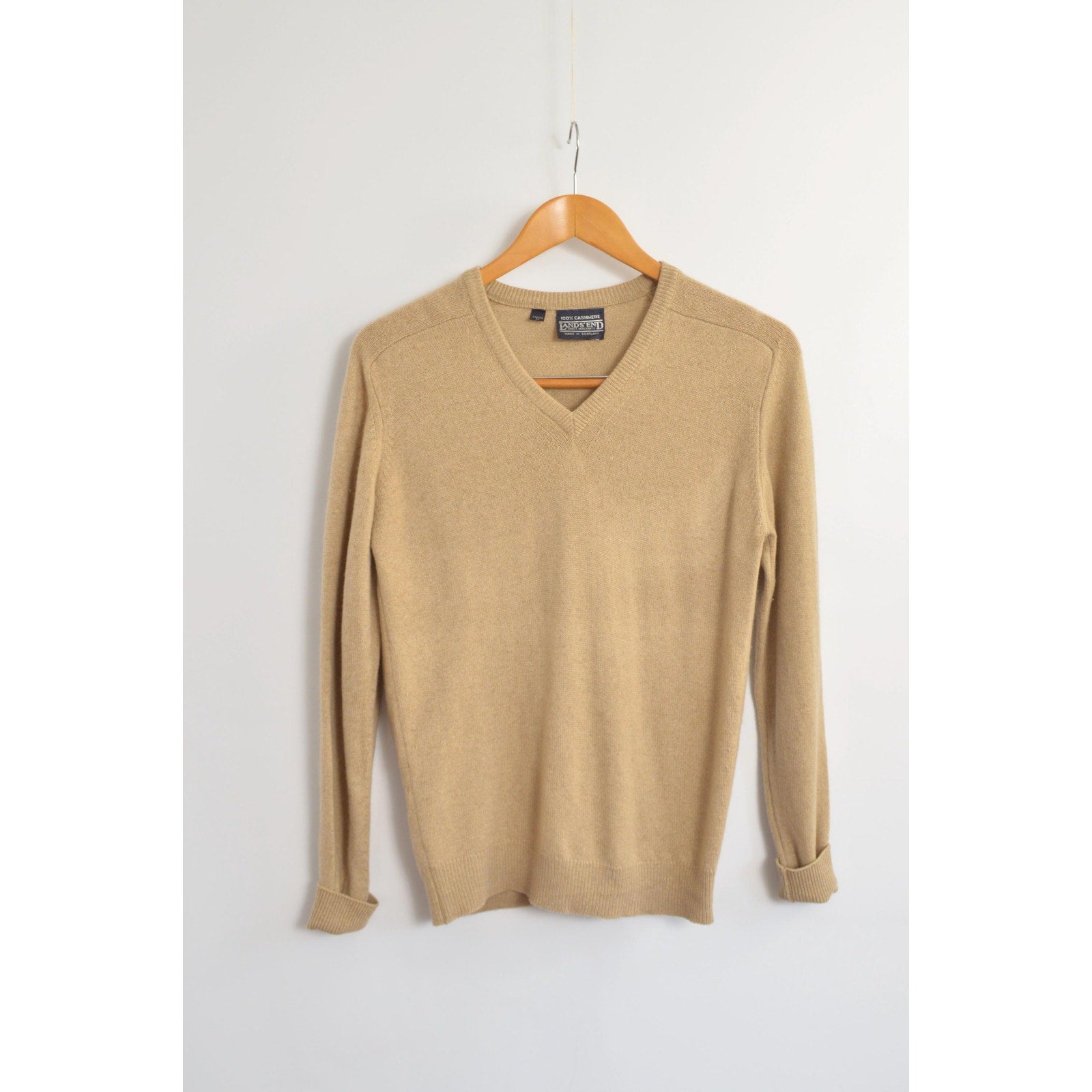 petite camel tan vintage 100% cashmere v neck sweater