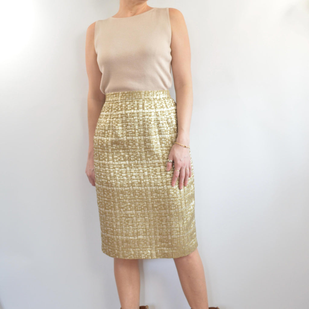 abstract geometrical gold and ivory knee length skirt