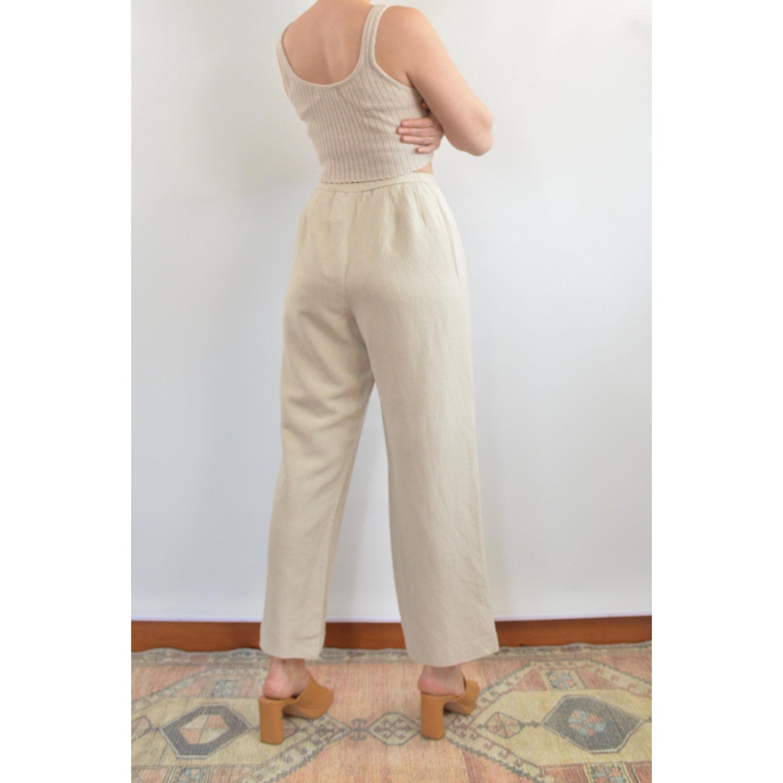 vintage covington petite fully lined high waisted beige wide leg pants