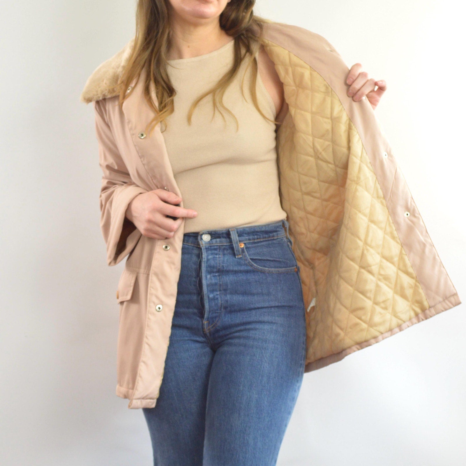 blush and tan cotton blend quilted insulated parka with removable faux fur collar