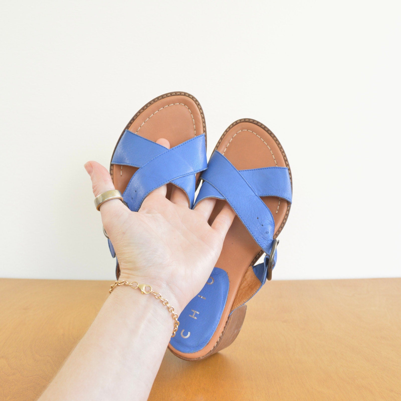 blue leather cross over block heels